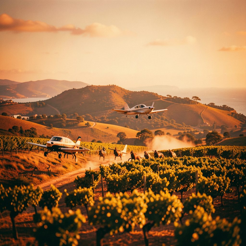Wide cinematic view of a small vintage biplane flying low over African savannah and waterways at golden hour, warm amber and dusty tan tones, adventurous mood
