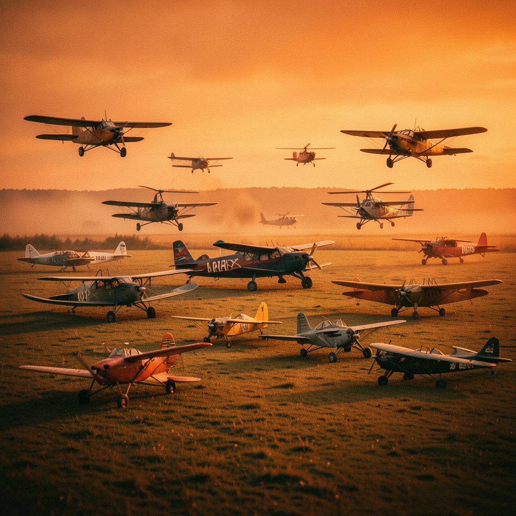 Formation of vintage biplanes in warm cream and tan tones over open terrain, nostalgic aviation mood