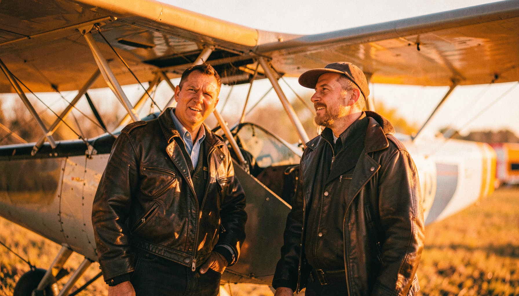 Two pilots in leather flight jackets standing beside an open-cockpit biplane in warm afternoon light, shallow depth of field