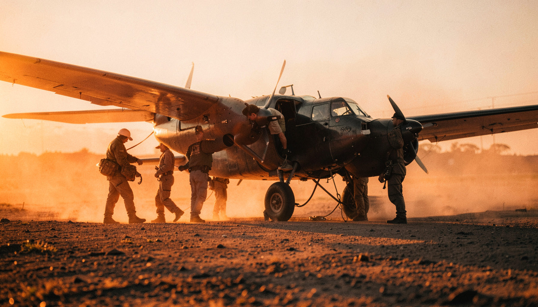 Ground crew refueling a vintage aircraft on a remote dirt airstrip in golden hour light with dust drifting through the warm air