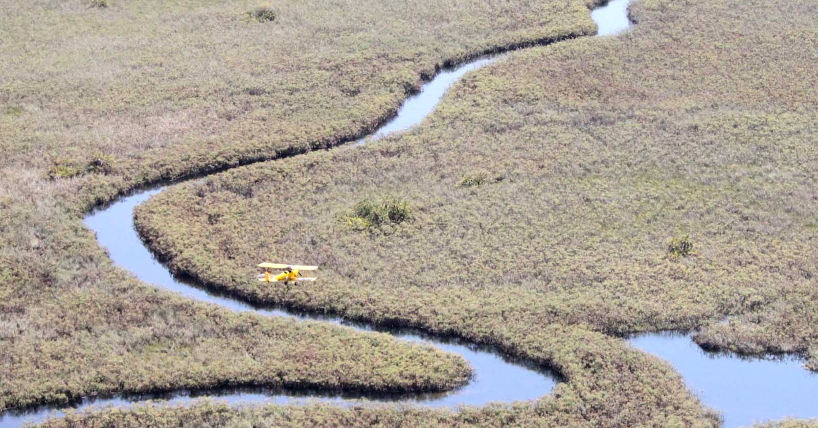 Single small yellow biplane flying low over a winding river through marshland, muted green and tan tones, tranquil mood