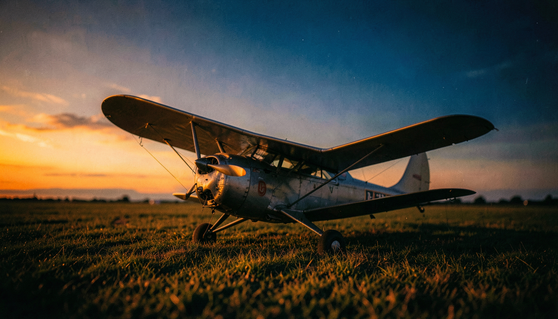 A vintage monoplane resting on a grass runway at dusk under a deep blue and gold sky, wide cinematic frame