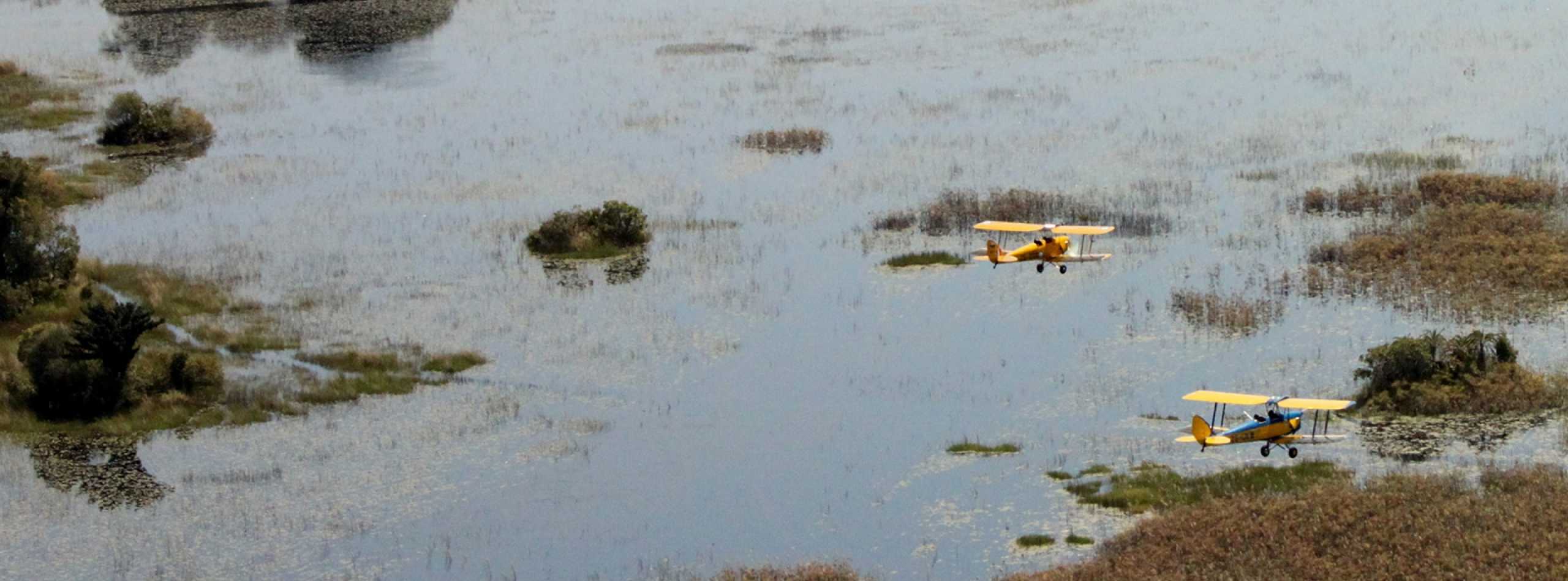Two yellow and blue biplanes flying low over a marshy wetland dotted with small green islands, calm reflective water